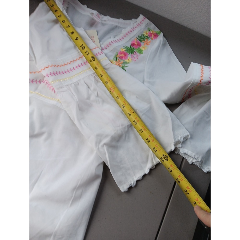 NEW Boho Tunic Mini Dress Womens XL White Cotton Pink Embroidery DEEP V Beachy - Picture 12 of 13